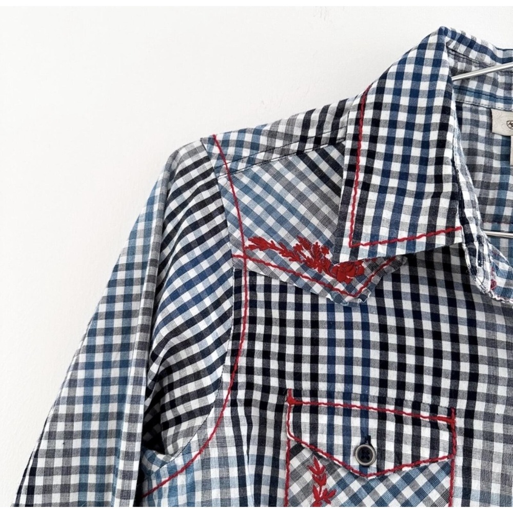 Blue Ariat Western Style Gingham Button-Up Shirt, Red Embroidered American Rose - Picture 8 of 9